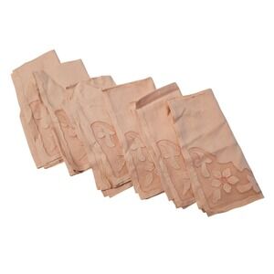 Set of 6 Vintage Pink Linen Napkins Embroidered Floral Cutwork Hemmed Edges